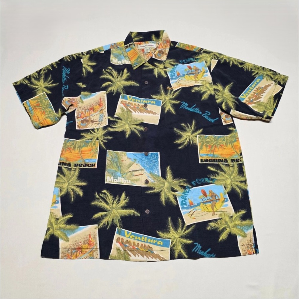 Tommy Bahama Men Silk Hawaiian Shirt Medium Black Graphics Button Down Reg Fit